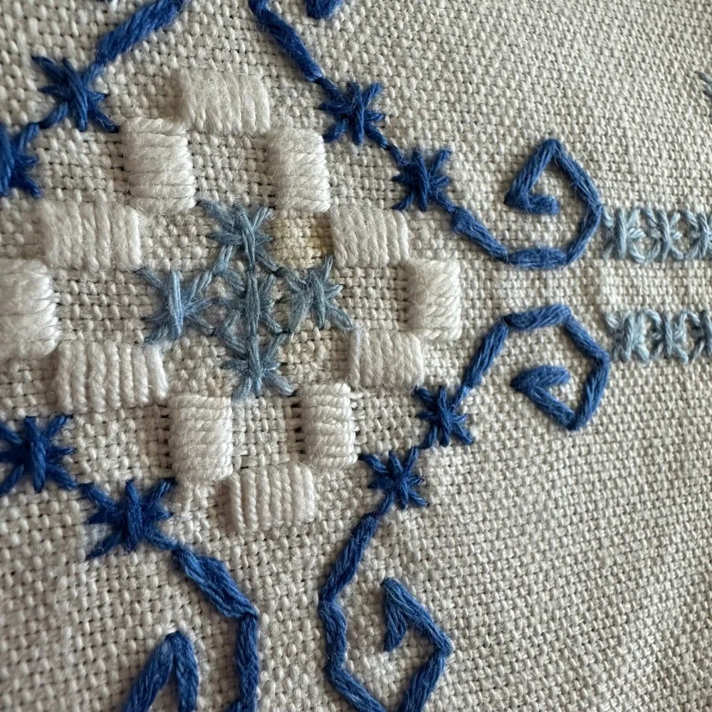 Vintage Hardanger Hand Embroidered Linen Tablecloth Blue White Square 32x32